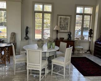 Picture 615 of 751 Close up of the marble-top table with a blue tint white washed wooden base.