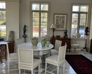 Picture 615 of 751 Close up of the marble-top table with a blue tint white washed wooden base.