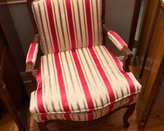 Vintage upholstered, armchair, stripe traditional wood frame