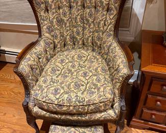Vintage upholstered action chair with carb wood frame French  provincial style