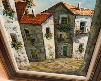 Textured print Mediterranean village scene