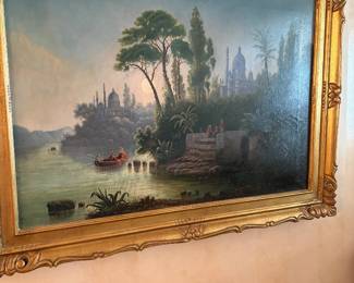 Decorative landscape painting gold tone frame 