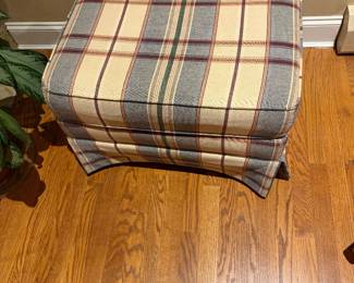 Small upholstered, ottoman plaid fabric