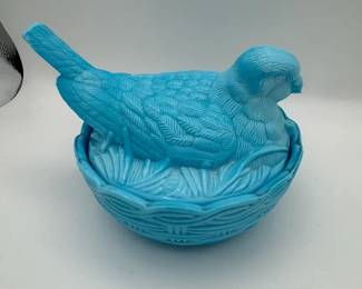 Vintage Bird on Nest Blue Milk Glass Lidded Candy Dish