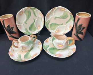 1987 Fitz  Floyd Calla Lily Ceramic Tea Set With Decorative Vases