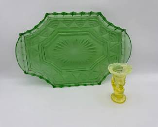 Uranium Glass Platter  Fenton Topaz Opalescent Vaseline Hand Vase