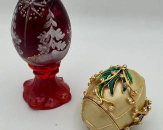 Fenton Art Glass HandPainted Ruby Red Pedestal Egg  Decorative Trinket Box