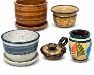 21 SignedStudioPotteryLotPlanterswSaucersArtPotteryVaseCandle