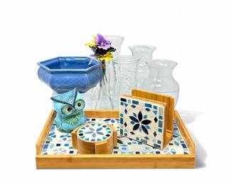 19 DecorLotGlassVasesMosaicTrayOwlFigurine
