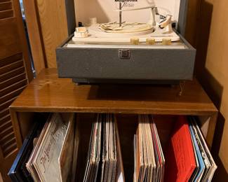 vintage record cabinet with records, Magnavox Stero Transistor turntable