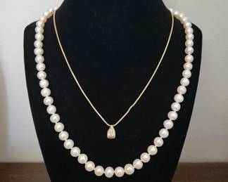 14k Diamond Necklace, Akoya Pearl Necklace