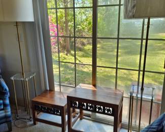 Wood Side Tables and Floor Brass Acrylic Lamps 