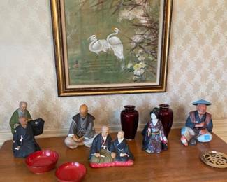 Framed Asian prints, Japanese ceramics, lacquerware and brass