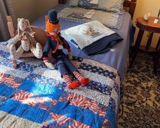 Twin bed, wonderful handcrafted comforter, toys