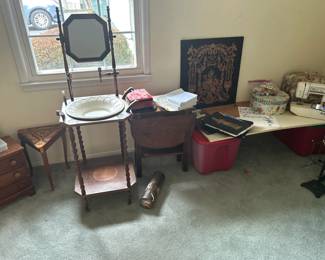 Antique washing bin; sewing machines, materials; wood tables