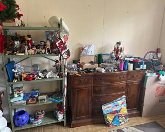 Christmas and holiday supplies; office supplies; antique buffet cabinet (or dresser)