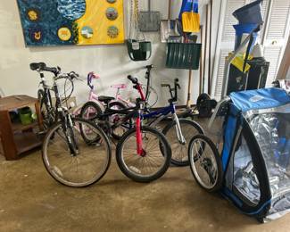 Boys and girls bikes; adult bikes; shovels; snow shovels; kids swing; jogging stroller