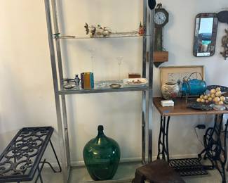 Glass ware; antique sewing machine & rolling stool; mirrors; clocks
