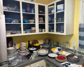 Kitchen supplies -- plates, bowls, silverware; serving ware; tea; knives; glasses