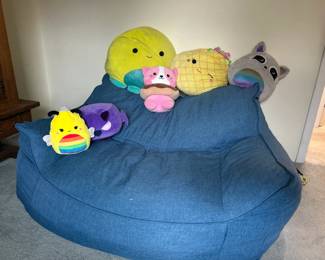 Large bean bag chair; kids stuffed animals; squishmellows