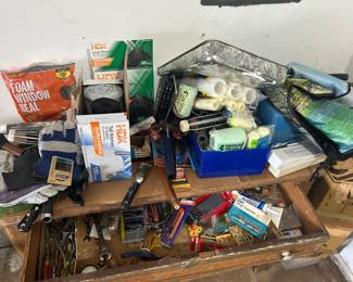 Painting supplies; tools; wrenches, screw drivers; Kirby vacuum attachments; misc tools