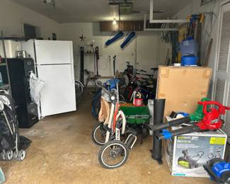 New electric (battery) snowblowers; leaf blowers; kids jogging stroller; stroller; Scotts spreader; new in box rocking chair; fridge;  tarps; filing cabinet