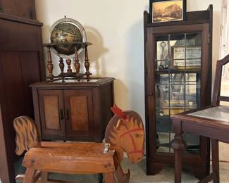 Antiques; wood cabinets; antique chairs