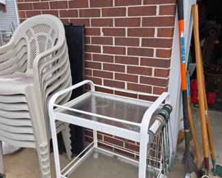 Winston tea cart, plastic chairs