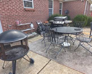 Patio furniture, fire pit, gas grill, pot stand