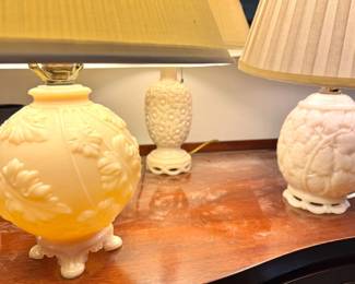Milk Glass Table Lamps – Hobnail Floral Pattern Bedside Lamp Pair