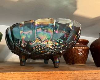 Iridescent Carnival Glass Bowl – Footed Fruit Pattern Vintage Centerpiece