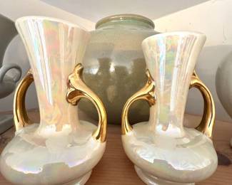 Lusterware Vases – Iridescent Ceramic with Gold Handles (Pair)