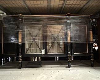 Black Lacquered and Gilt Wood Headboard with Drapes