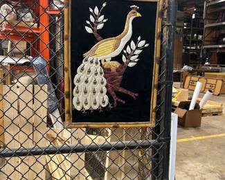 Vintage Bamboo Framed Peacock Zardozi Embroidery Art