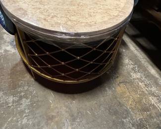 Mid-Century Modern Drum Side Table with Faux Marble Top and Brass Lattice Base