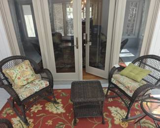 006 – John Widdicomb Server 38" x 18" x 34" closed 76" open  007 – Two Rattan Rockers with Square Side Table Rockers: 29" x 29" x 36" Table: 20" x 20" x 20"