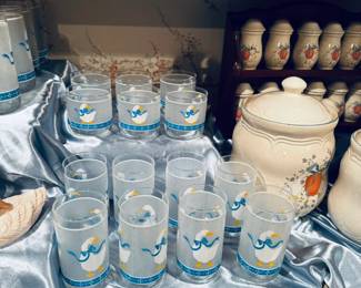 Marmalade spice set with original stickers (unused), canister set. Also vintage Libby drinkware with goose/ blue ribbon design