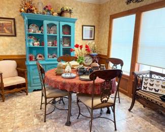lovely turquoise china cabinet, large colections of Pioneer woman dinnerware and serving pieces