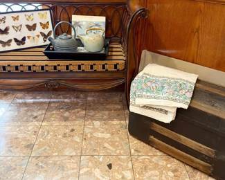 wood and iron bench, antique small size humpback trunk