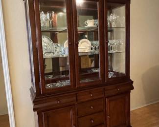 Dark Wood China Cabinet / Lighted Curio Buffet with Glass Doors
