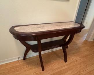 Dark Wood Console Table with Marble Top and Lower Shelf
