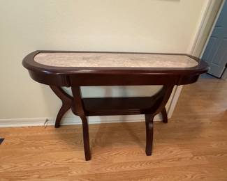 Dark Wood Console Table with Marble Top and Lower Shelf