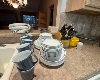 Corelle Blue Dish Set with Matching Mugs, Plates, Bowls & Knife Block