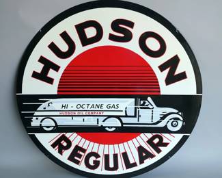Hudson Regular Hi-Octane Gasoline 42" Double-Sided Porcelain Enamel Advertising Sign - Heavy Gauge Steel 