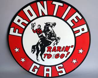 Frontier Gasoline “Rarin’ To Go!” 42" Double-Sided Porcelain Enamel Advertising Sign - Heavy Gauge Steel 