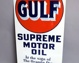 Gulf Supreme Motor Oil 48" Porcelain Advertising Sign - Double-Sided Porcelain Enamel Advertising Sign - Heavy Gauge Steel 
