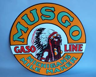Musgo Gasoline - Michigans Mile Maker - 42" Double-Sided Porcelain Enamel Advertising Sign - Heavy Gauge Steel 