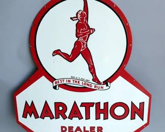 Marathon “Best In The Long Run” 48" Porcelain Dealer Sign - Double-Sided Porcelain Enamel Advertising Sign - Heavy Gauge Steel 