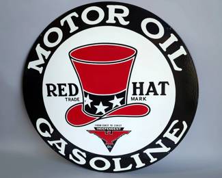 Red Hat - Motor Oil - Gasoline 42" Double-Sided Porcelain Enamel Advertising Sign - Heavy Gauge Steel 