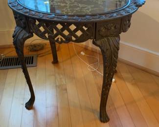 Ornate Cast Metal Round Side Table with Marble Top